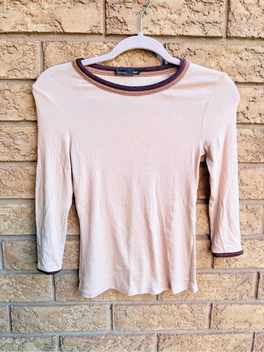 🌿10/$25 • Zara Long-Sleeve Pink Ringer Tee Metallic-Shimmer Trim